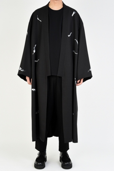 2019 A/W LAD MUSICIAN WOOL GABARDINE INKJET FALLEN LEAVES KIMONO LONG JACKET